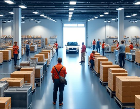 Ecommerce fulfillment center with packing and last-mile delivery operations